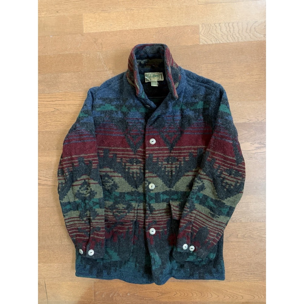 VTG L.L. Bean JACKET BARN WOOL AZTEC MEN L Coat 90s Southwest Tribal Chore Ranch
